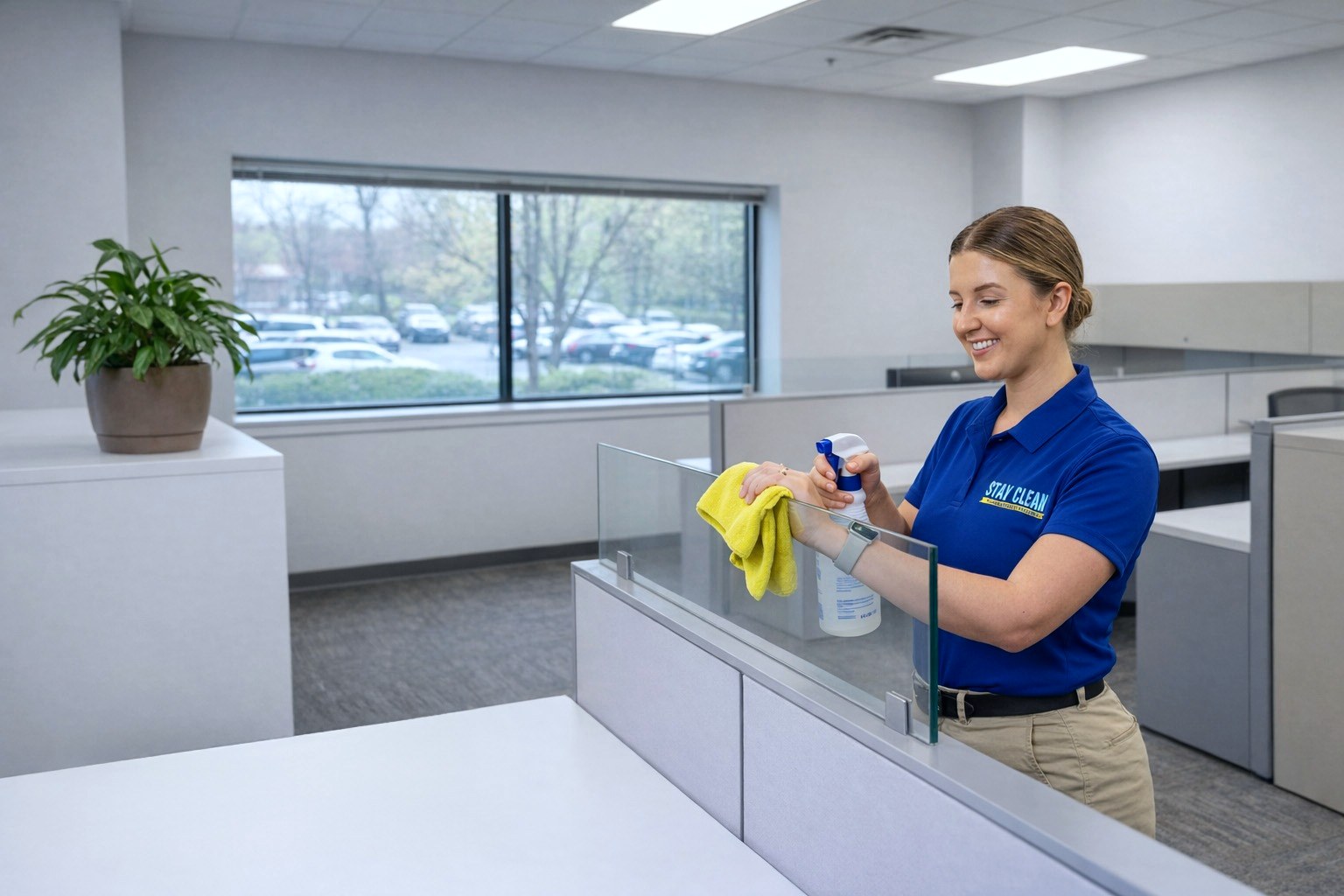 Stay Clean employee disinfecting an office workstation partition